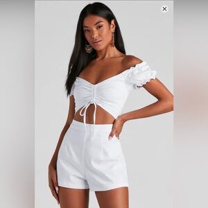 White Off-Shoulder Ruched Romper
